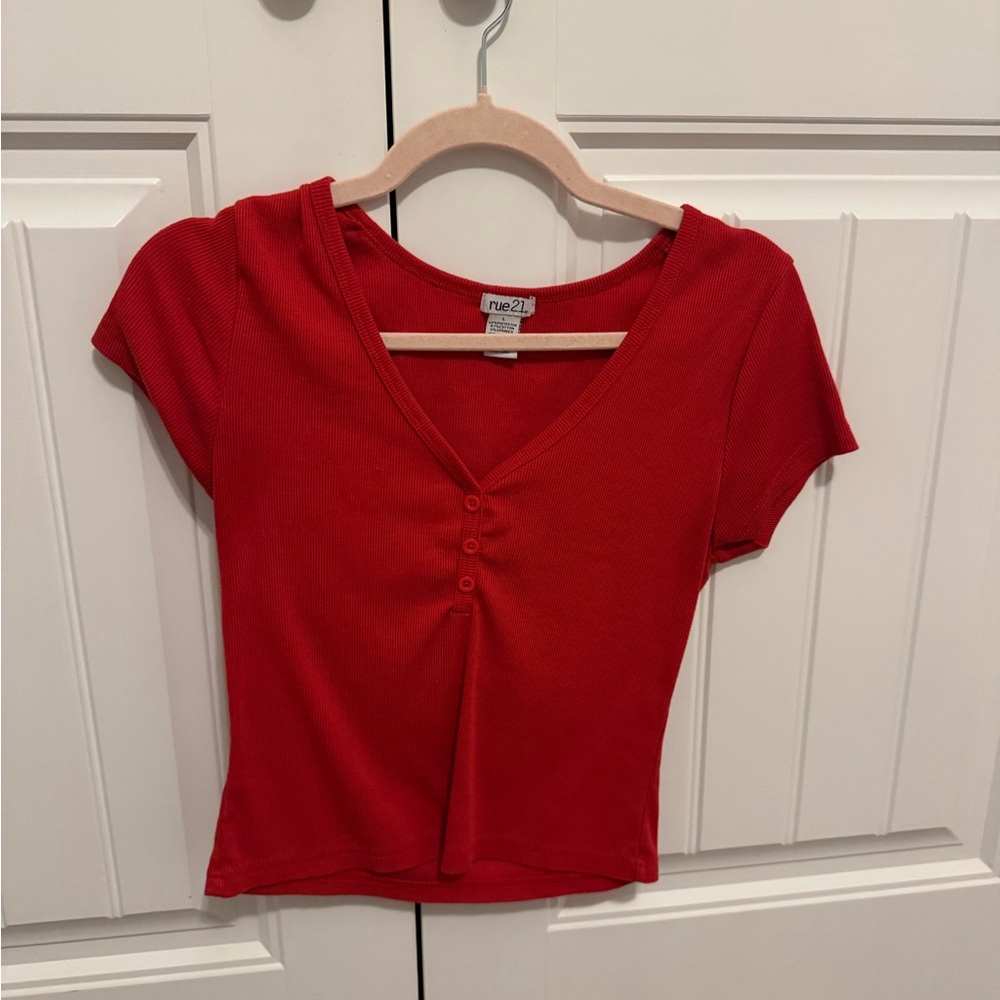 Red V-Neck Buttoned Crop Top